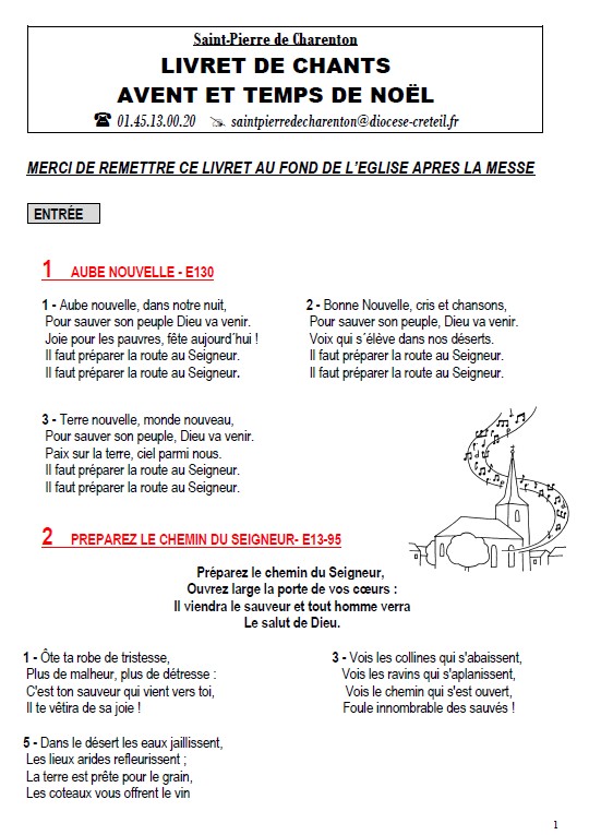 Livret de Chants pour le temps de l’Avent et le temps de Noël